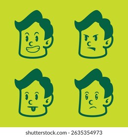 Cartoon vector of a boy with green hair showing happy, cheerful, surprised, and sad emotions. Perfect for UI icons, children’s books, stickers, and emotional character packs