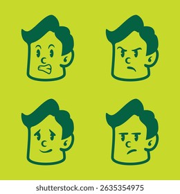 Cartoon vector of a boy with green hair showing happy, cheerful, surprised, and sad emotions. Perfect for UI icons, children’s books, stickers, and emotional character packs