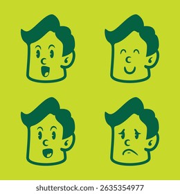 Cartoon vector of a boy with green hair showing happy, cheerful, surprised, and sad emotions. Perfect for UI icons, children’s books, stickers, and emotional character packs