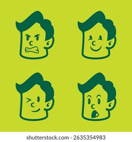 Cartoon vector of a boy with green hair showing happy, cheerful, surprised, and sad emotions. Perfect for UI icons, children’s books, stickers, and emotional character packs