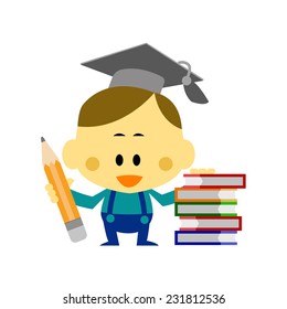 Cartoon Vector The Boy Wear a Mortar Board standing side pile many books, concepts for Education