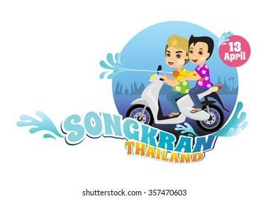  cartoon vector boy&girl enjoy water festival Thailand, Songkran Bangkok