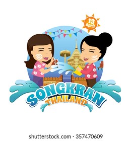  cartoon vector boy&girl enjoy water festival Thailand, Songkran Chiang Mai