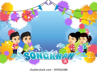 cartoon vector boy&girl enjoy water festival Thailand, Songkran Bangkok, colorful water festival in thailand