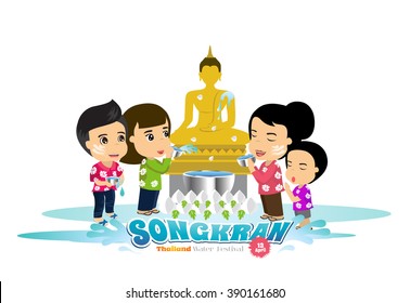 cartoon vector boy&girl enjoy water festival Thailand, Songkran Bangkok, sprinkle water onto a Buddha image