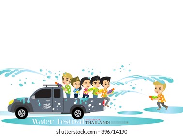 cartoon vector boy&girl enjoy water festival Thailand, Songkran Bangkok
