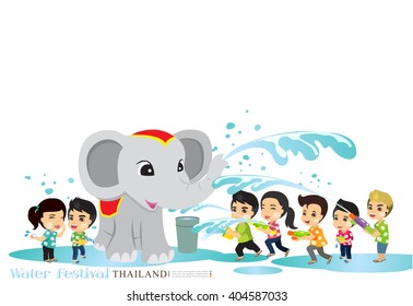 cartoon vector boy&girl enjoy water festival Thailand with elephant. songkran