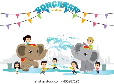 cartoon vector boy&girl enjoy water festival Thailand with elephant. songkran