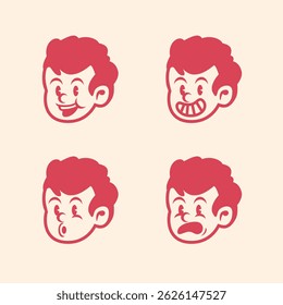 Vector de dibujos animados de la cara de un niño en cuatro expresiones emocionales: feliz, molesto, riendo y molesto. Estilo pastel suave, perfecto para íconos, Conjuntos de pegatinas, interfaz de usuario o imágenes educativas.