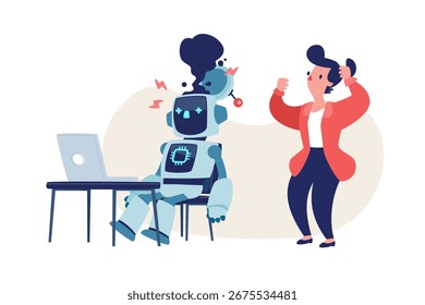 Vetor de desenhos animados de um robô AI quebrado em uma mesa de escritório com fumaça subindo, enquanto uma empresária em pânico reage. Conceito de erro, falha, estresse e mau funcionamento tecnológico nos negócios.