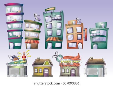 cartoon vector building objects with separated layers for game art and animation game design asset in 2d graphic