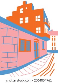 Cartoon vector buildings illustration. Flat Illustration city. Europe architecture modern abstract style. Europe travel poster illustration. Illustration street of an ancient city. 