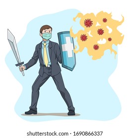 cartoon vector business man fighting coronavirus, covid-19.