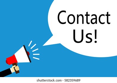 Cartoon vector businessman holding the loudspeaker with Contact Us speech bubble against blue background.