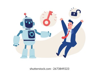 Vetor de desenhos animados de um empresário recebendo uma chave de um robô de IA para desbloquear uma ideia. Conceito de inovação, criatividade, resolução de problemas e suporte de IA no sucesso dos negócios.