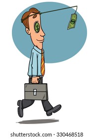 Cartoon Vector Businessman Walking Follow Money, Illustration