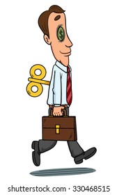 cartoon vector businessman with wind up key walking follow money, illustration  