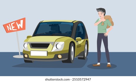 Vector de dibujos animados de comprar nuevo concepto de coche amarillo. El comprador lleva un saco de dinero adentro para comprar un coche. Tablero de la muestra de la nueva promoción. fondo de color azul.