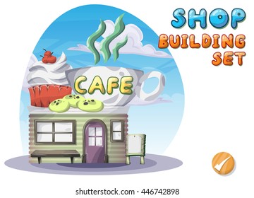 Cartoon vector cafe for game and animation, game design asset