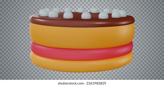 Cartoon vector cake in 3d realistic vivid style. Minimal bright design element for birthday, holiday, anniversary celebration. Cute child glossy soft toy icon. Vibrant render illustration.