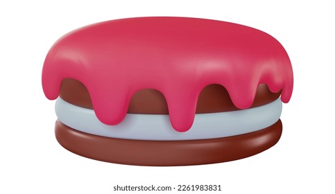 Cartoon vector cake in 3d realistic vivid style. Minimal bright design element for birthday, holiday, anniversary celebration. Cute child glossy soft toy icon. Vibrant render illustration.