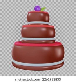 Cartoon vector cake in 3d realistic vivid style. Minimal bright design element for birthday, holiday, anniversary celebration. Cute child glossy soft toy icon. Vibrant render illustration.