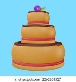 Cartoon vector cake in 3d realistic vivid style. Minimal bright design element for birthday, holiday, anniversary celebration. Cute child glossy soft toy icon. Vibrant render illustration.