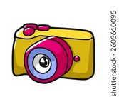 cartoon vector camera yellow purple facing left simple