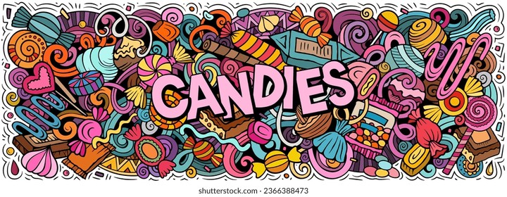 Vector de dibujos animados La ilustración del doodle Candies presenta una variedad de objetos y símbolos de comida dulce. Colores brillantes imagen graciosa caprichosa.