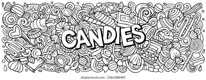 Cartoon vector Candies doodle illustration features a variety of sweet food objects and symbols. Sketchy whimsical funny picture.