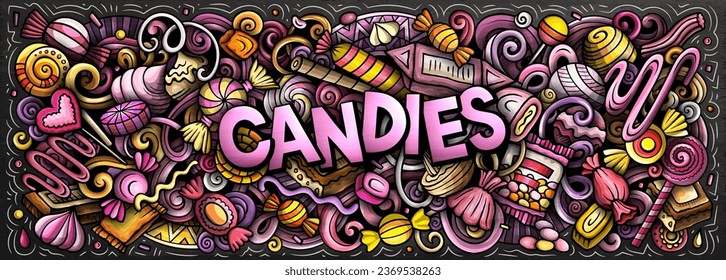 Vector de dibujos animados La ilustración del doodle Candies presenta una variedad de objetos y símbolos de comida dulce. Colores brillantes imagen graciosa caprichosa.