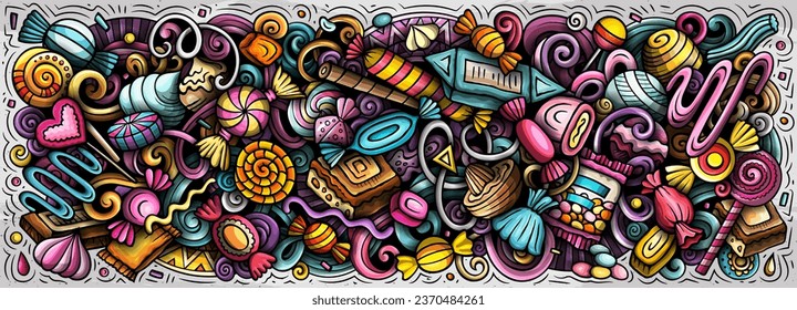 Cartoon vector Candies doodle illustration features a variety of sweet food objects and symbols. Bright colors whimsical funny picture.