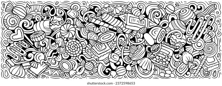 Cartoon vector Candies doodle illustration features a variety of sweet food objects and symbols. Sketchy whimsical funny picture.