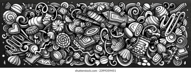 Cartoon vector Candies doodle illustration features a variety of sweet food objects and symbols. Monochrome whimsical funny picture.