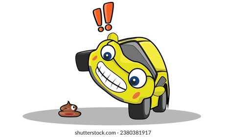 Cartoon vector of car cute style. Car was startled and jumped on its wheels to avoid the lump of poop. Isolated white background with black shadow of car.