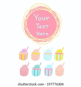 Cartoon vector card with cupcakes . Idea for invitation .
