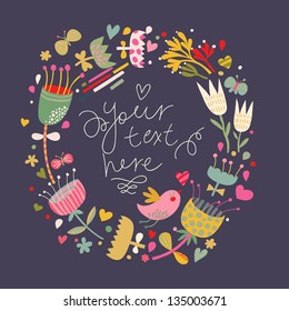 Cartoon vector card with cute bird. Floral wedding invitation in bright colors. Stylish save the date card