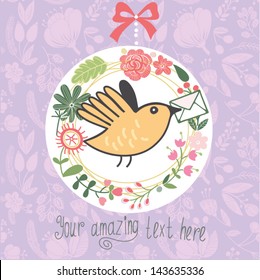 Cartoon vector card with cute bird. Floral wedding invitation in bright colors. Stylish save the date card.