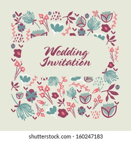 Cartoon vector card with cute flowers. Floral wedding invitation in bright colors. Stylish save the date card