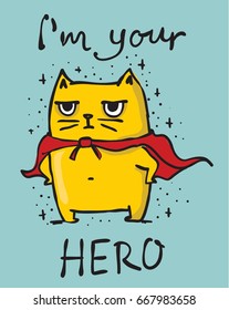 Cartoon vector card with cute hero cat