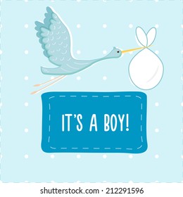 Cartoon vector card for new baby boy with stork