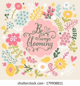 Cartoon vector card in stylish colors. Floral wedding invitation with  hearts and flowers. Stylish romantic save the date card