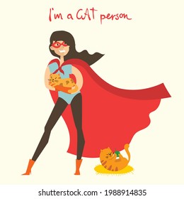 Cartoon vector card with superhero girl with cute cat
