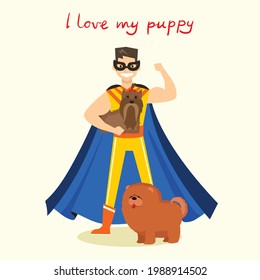 Cartoon vector card with superhero man with cute pet dog