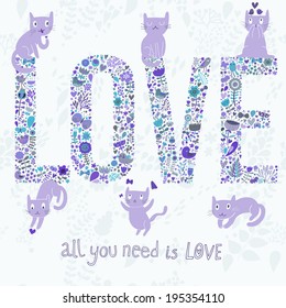 Cartoon vector card with text made of flowers and cute funny cats