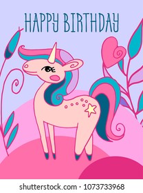 cartoon vector card with a unicorn on a pink background