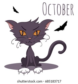 Cartoon vector cat for calendar month October
