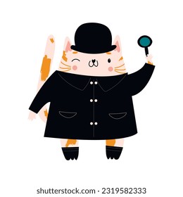 cartoon vector cat in the costume of a detective, a detective with a hat and a magnifying glass in his paw