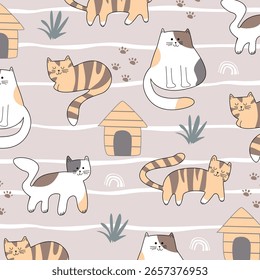 desenhos animados vetor gatos rabiscar padrão sem costura para crianças vestuário completo. Este design é adequado para a indústria têxtil de vestuário infantil