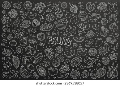 El conjunto de doodles de pizarra vectorial de dibujos animados incluye una variedad de objetos Fruits y símbolos. La colección tiene un toque divertido y caprichoso. Perfecto para varios proyectos.